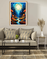 Framed artwork of a forest scene with mushrooms on a wall above a living room sofa.