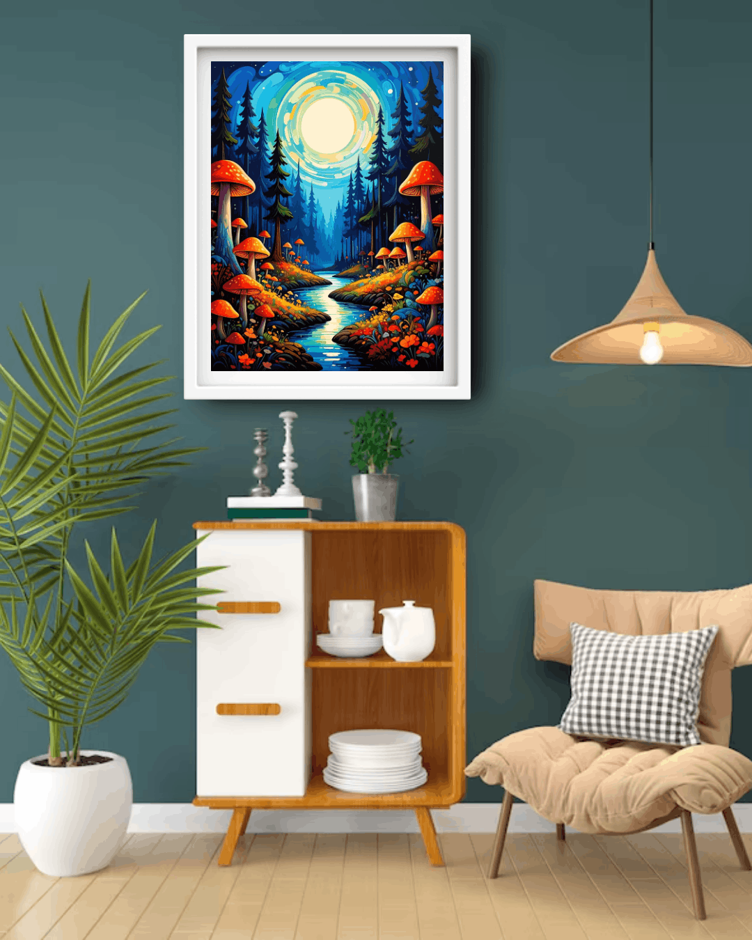 Framed artwork of a forest scene with mushrooms on a wall in a living room.