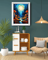 Framed artwork of a forest scene with mushrooms on a wall in a living room.