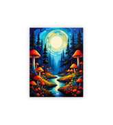 Framed artwork of a forest scene with mushrooms and a moonlit sky.