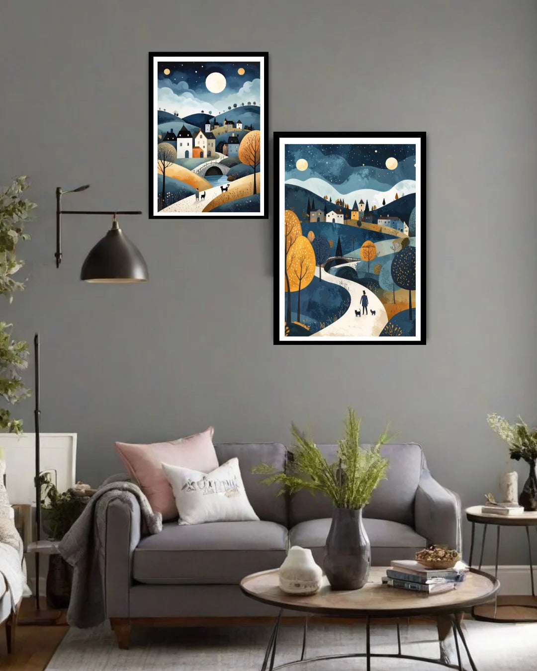 Moonlit mountain landscape set of 2 wall art canvas painting for living room decor