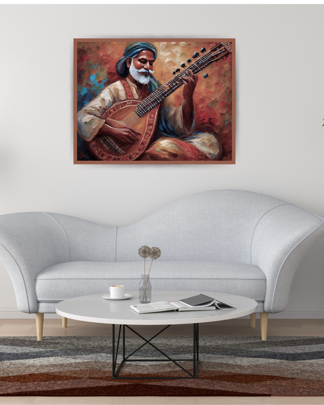 Abstract guitarist painting framed and showcased in a minimalist modern seating area.