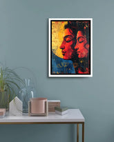 Modern figurative couple wall art painting with expressive red and yellow tones
