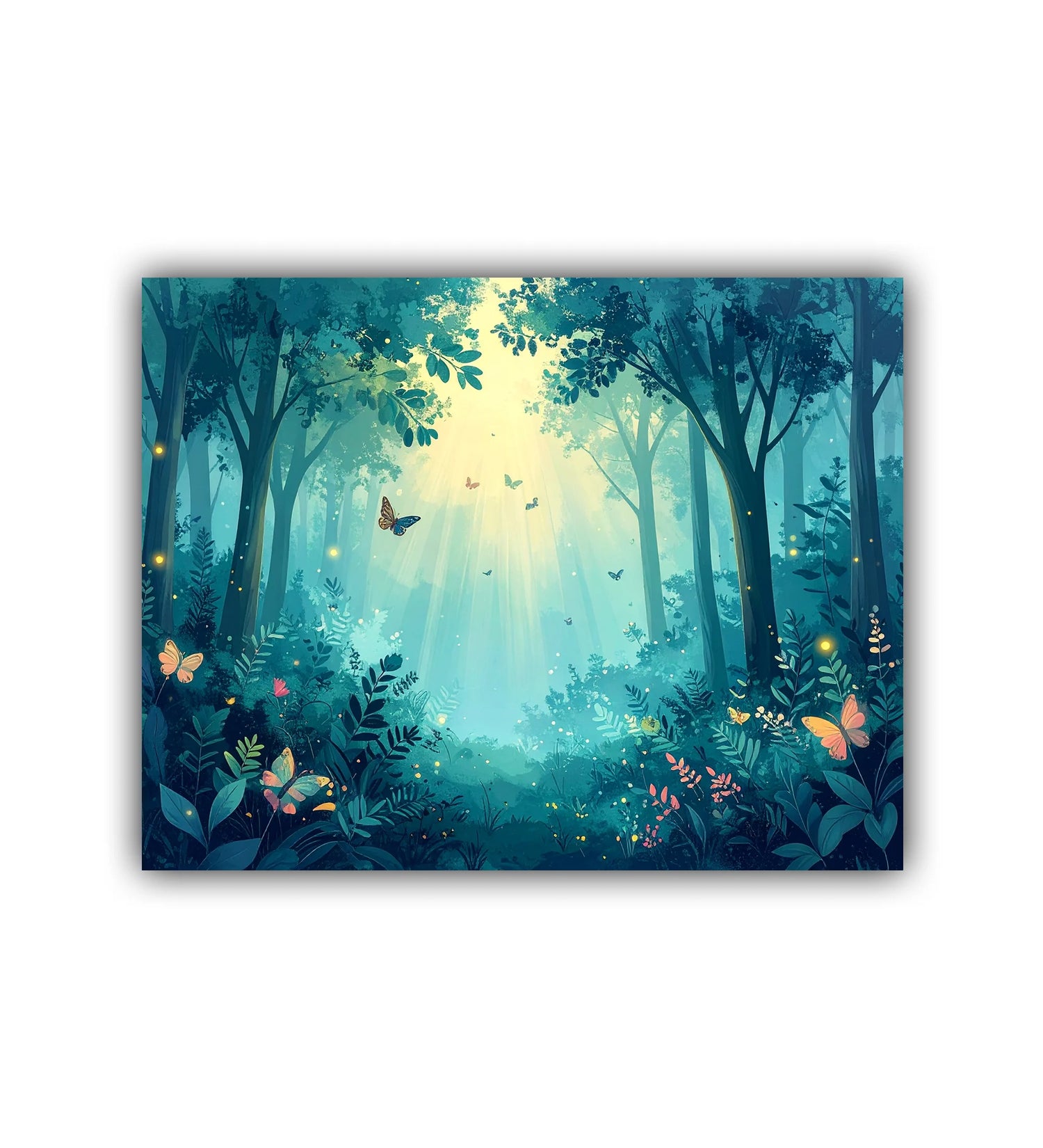 Mystical forest scene with butterflies and sunlight filtering through trees