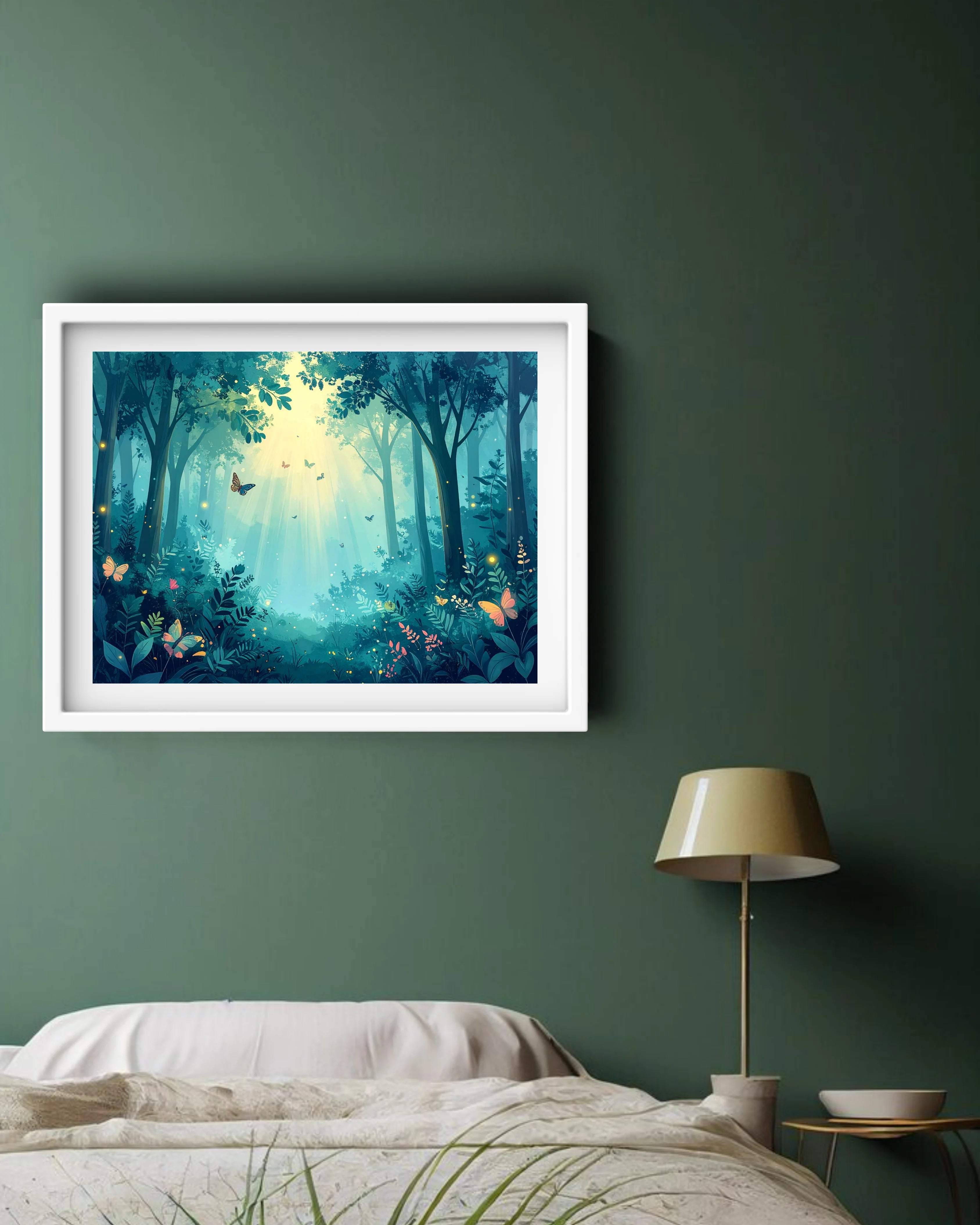 Mystical forest scene with butterflies and sunlight filtering through trees