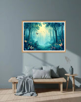 Mystical forest scene with butterflies and sunlight filtering through trees