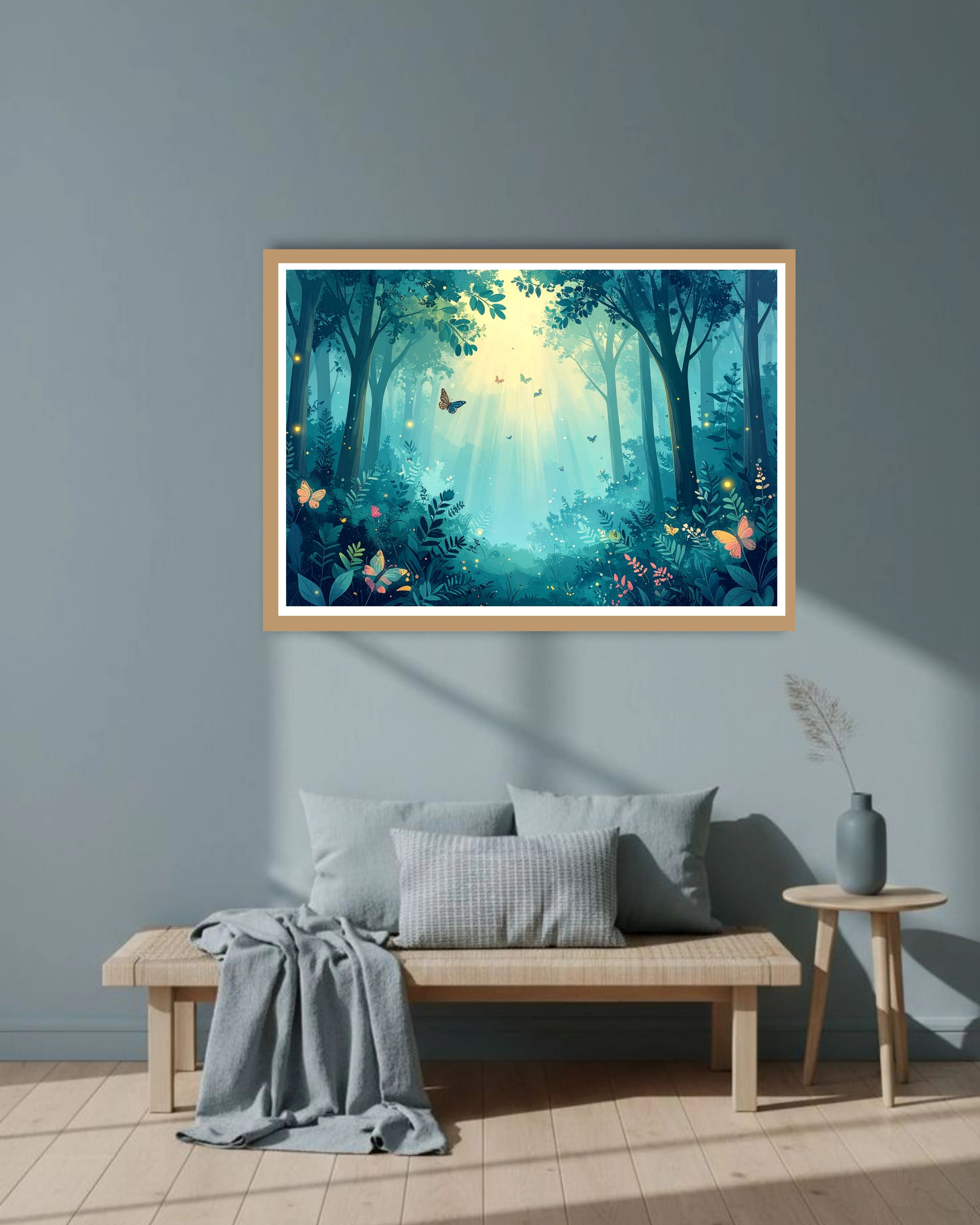 Mystical forest scene with butterflies and sunlight filtering through trees
