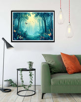 Mystical forest scene with butterflies and sunlight filtering through trees