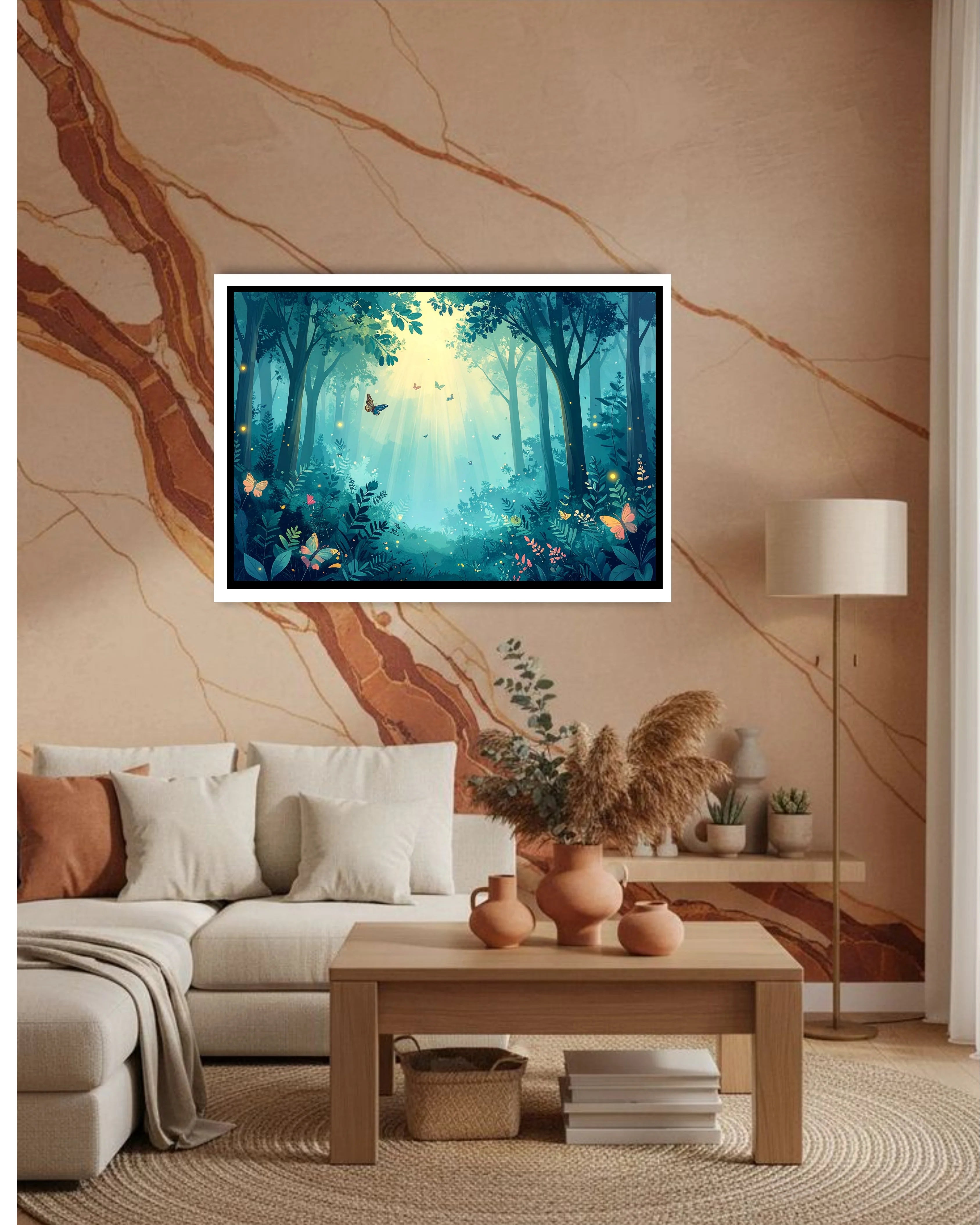 Mystical forest scene with butterflies and sunlight filtering through trees