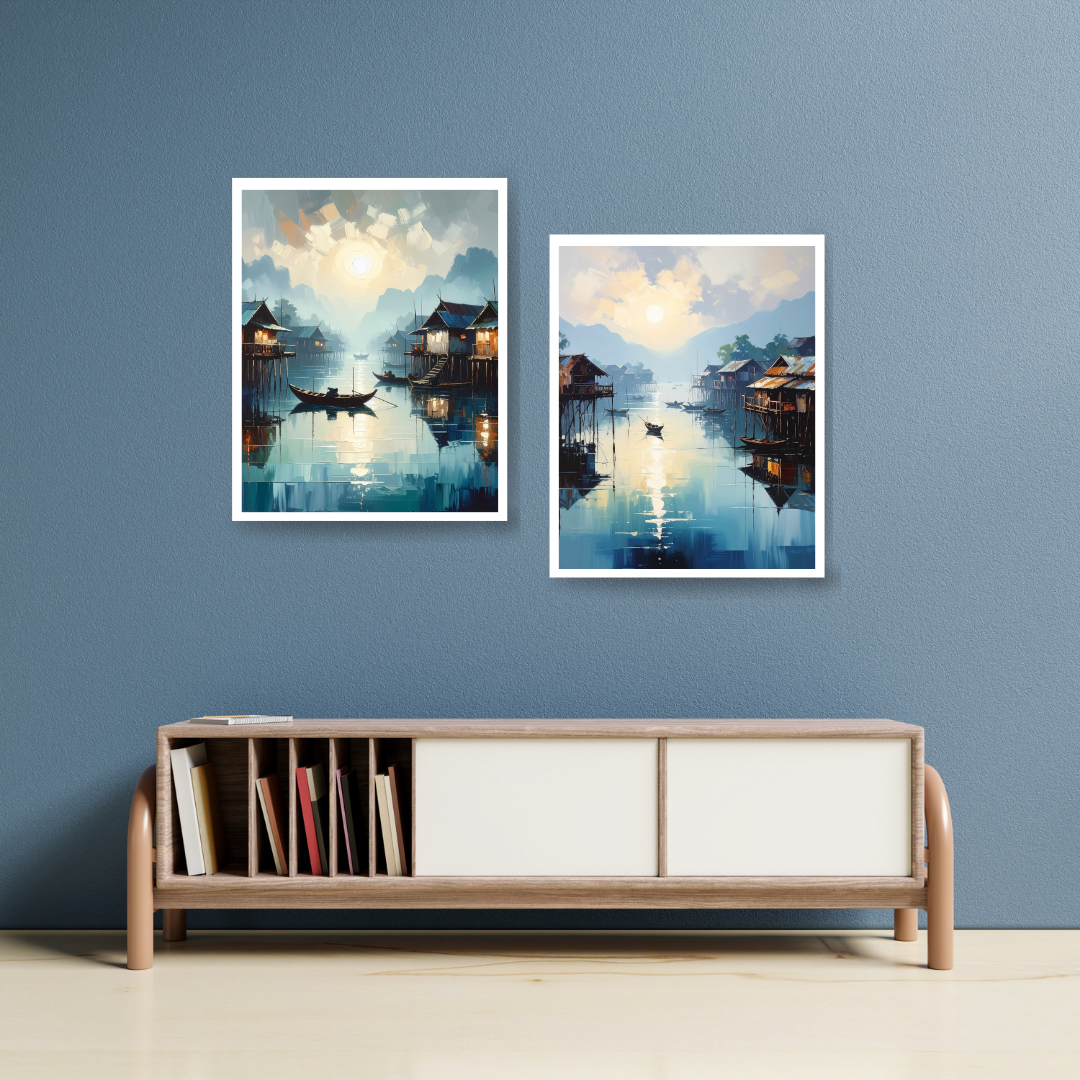Nature landscape wall art with calm blue scenery