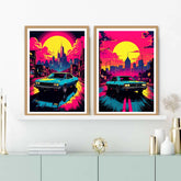 Neon retro city car wall art canvas painting set
