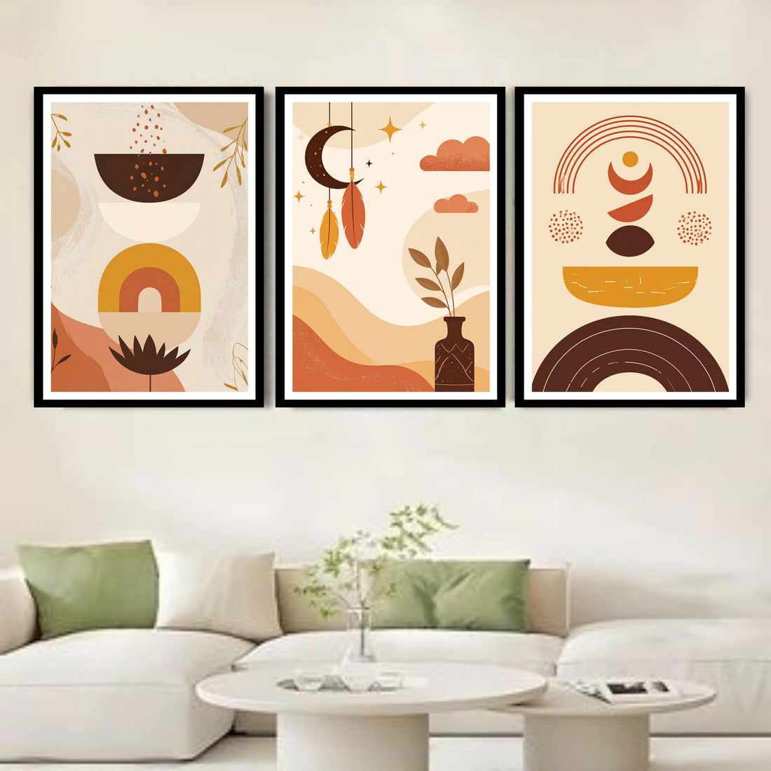 Neutral boho abstract canvas wall art three panel set in living room