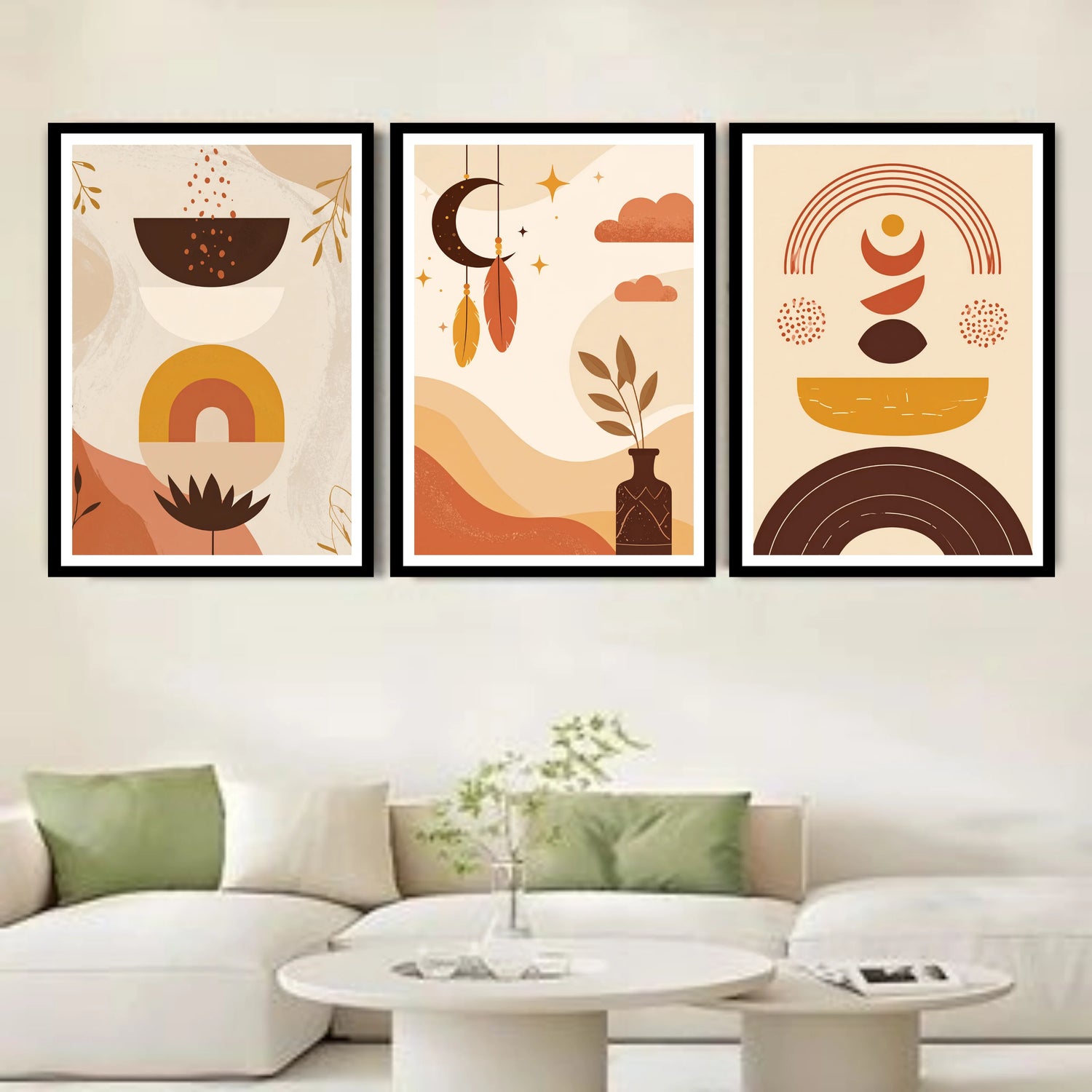 Neutral boho abstract canvas wall art three panel set in living room