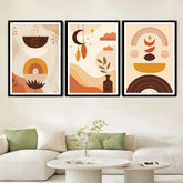 Neutral boho abstract canvas wall art three panel set in living room