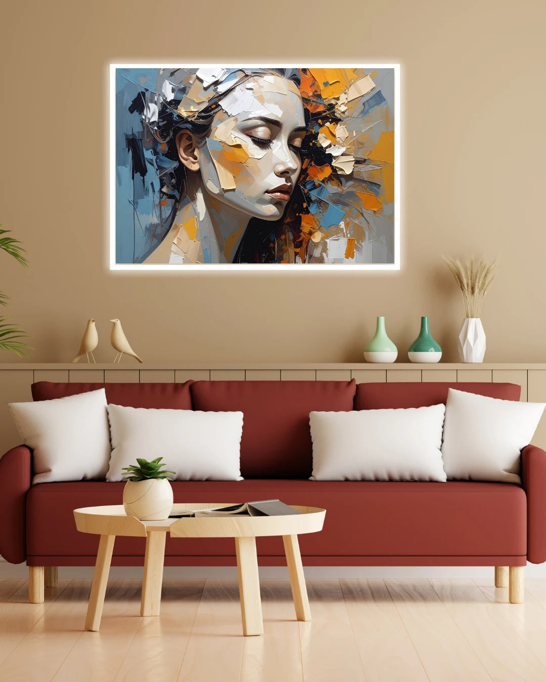 Abstract female face wall art with blue and gold tones for modern living room decor
