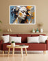 Abstract female face wall art with blue and gold tones for modern living room decor
