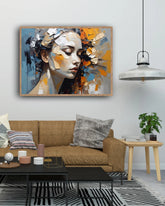 Modern abstract woman face painting in blue and gold color palette
