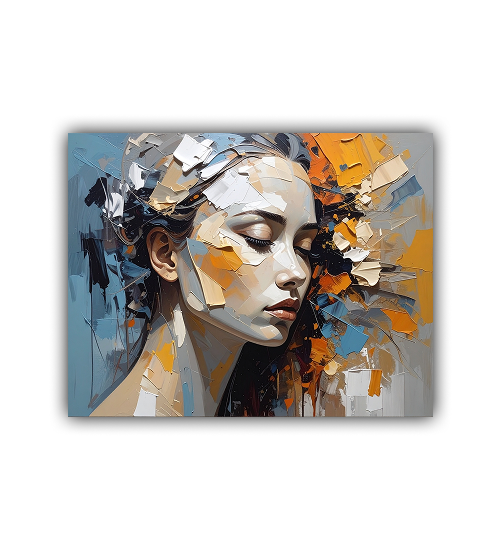 Abstract female face painting with expressive blue and gold brush strokes
