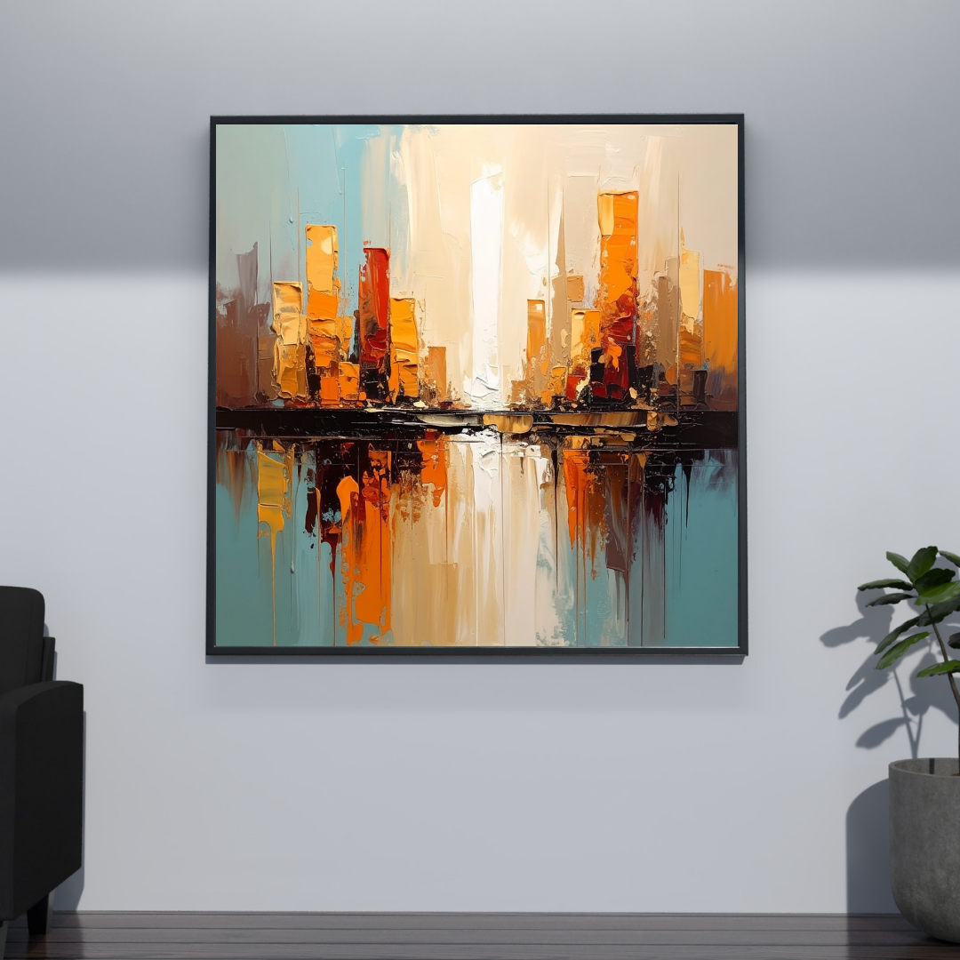 Orange cityscape painting in modern abstract wall art style