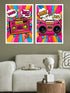 Two framed pop-art style posters featuring retro boomboxes and comic-style text, displayed above a light gray sofa in a living room setting.