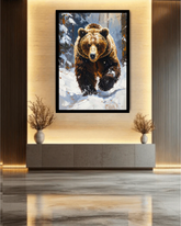 Framed artwork of a bear in a snowy forest on a wall in a modern interior.