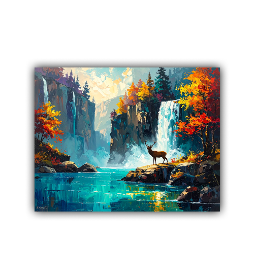 Painting of a deer by a waterfall in a forest with autumn colors
