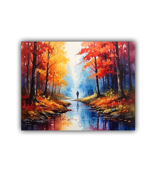 Painting of a person walking through an autumn forest with colorful trees and a stream.
