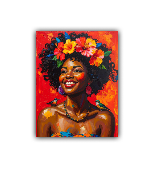 Painting of a woman with flowers in her hair on a red background