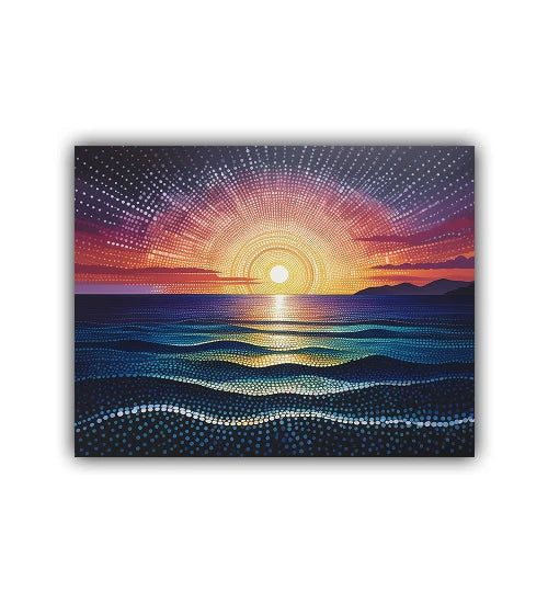 Colorful sunset ocean painting with sea waves and horizon
