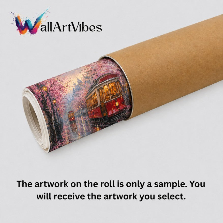 A rolled wall art print shown diagonally on a light gray background, partially unrolled to reveal a sample artwork of a red streetcar under pink cherry blossom trees. The brand name &