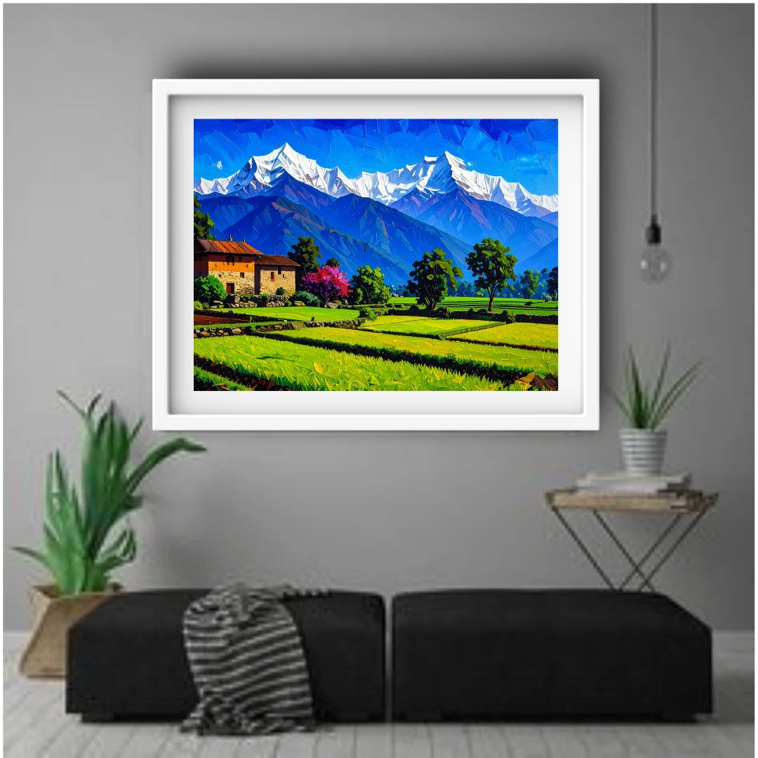 Peaceful mountain village canvas landscape artwork
