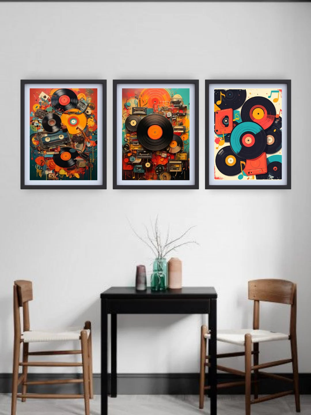 Pop art vinyl record canvas wall art in dining area