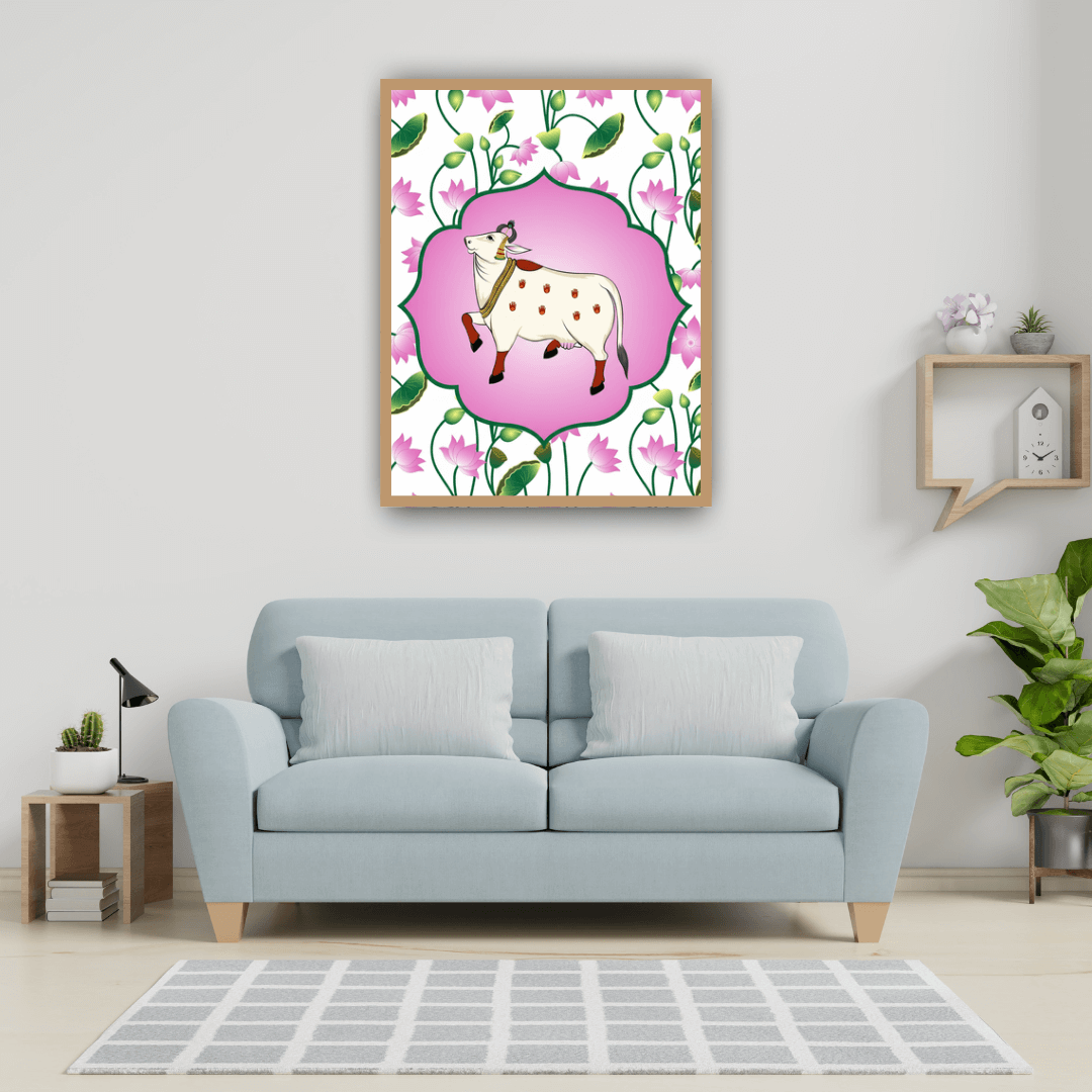 Light blue sofa in a living room with a framed picture of a cow on a floral background.