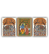 Set of three colorful paintings featuring elephants and traditional figures on a white background