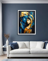 Radha Krishna inspired figurative wall art painting in blue and gold tones
