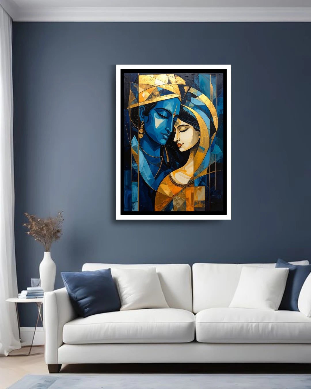Radha Krishna inspired figurative wall art painting in blue and gold tones
