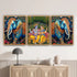 Three framed artworks of elephants and a couple on a wall above a decorative cabinet.