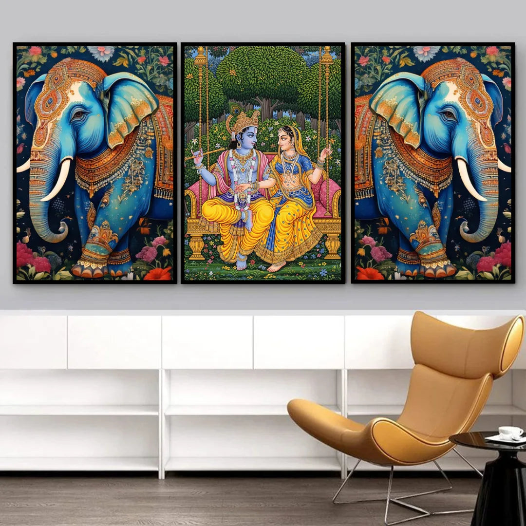 Triptych painting elephants and a couple on a wall
