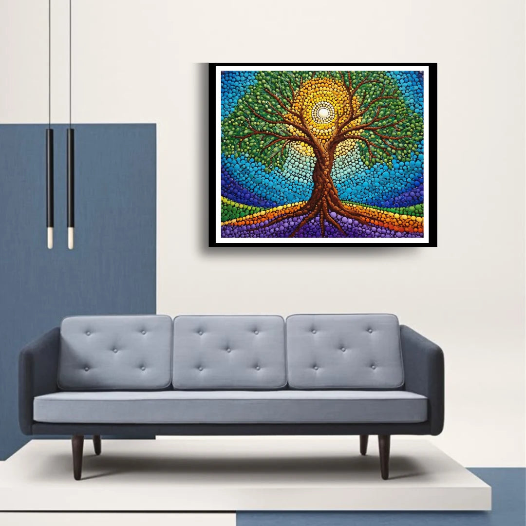 Colorful Tree of Life painting above sofa home decor
