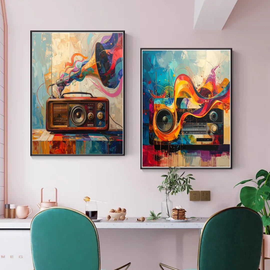 Colorful retro radio abstract canvas wall art
