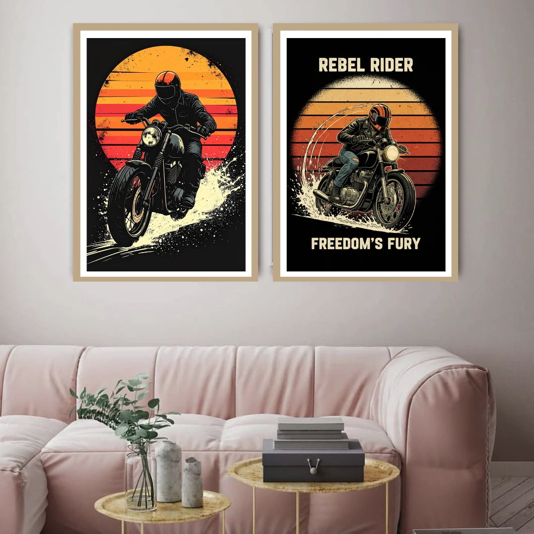 Rebel rider retro motorcycle wall art canvas painting set
