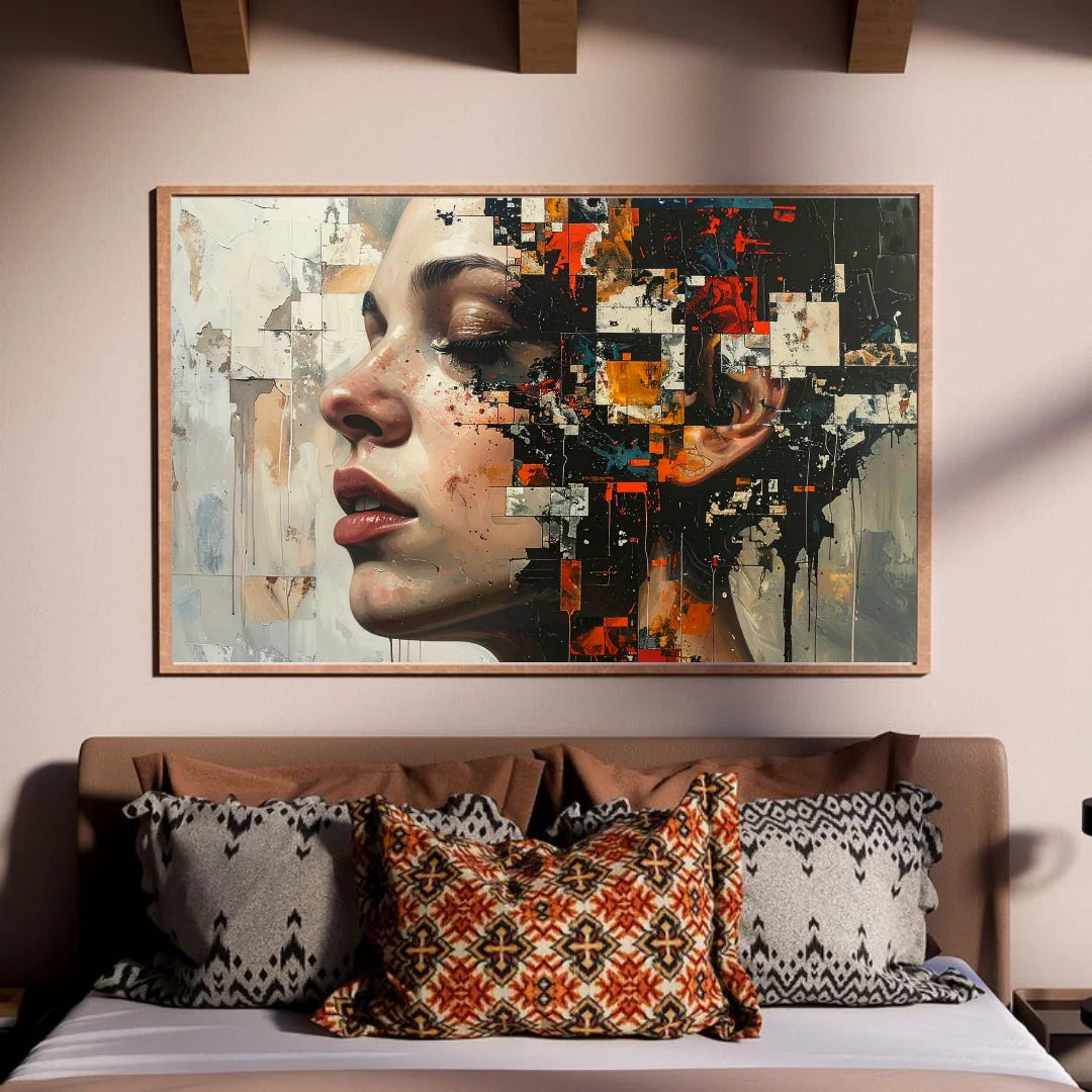 Contemporary abstract female portrait wall art with expressive textures
