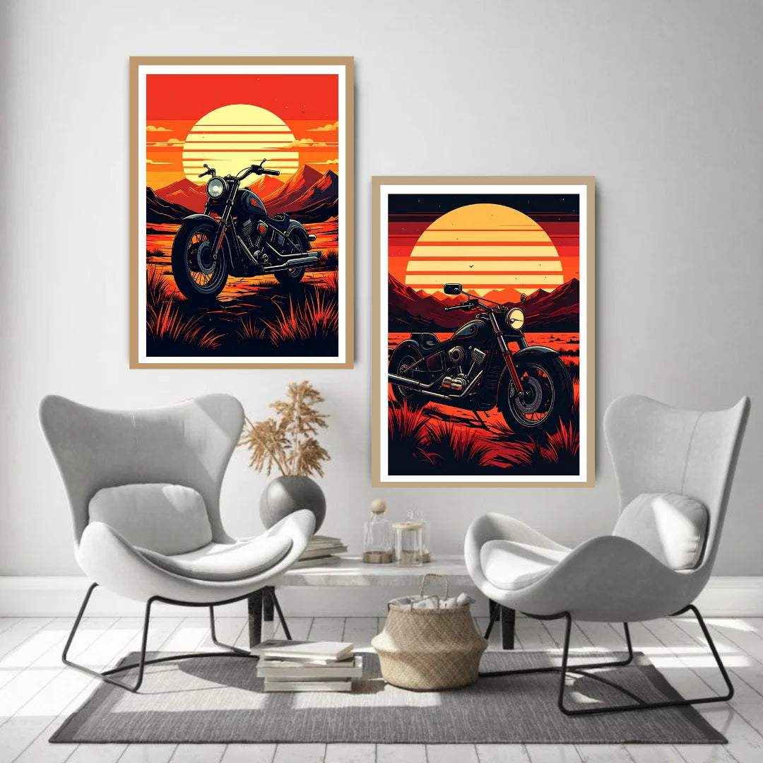 Retro mountain landscape with glowing sunset