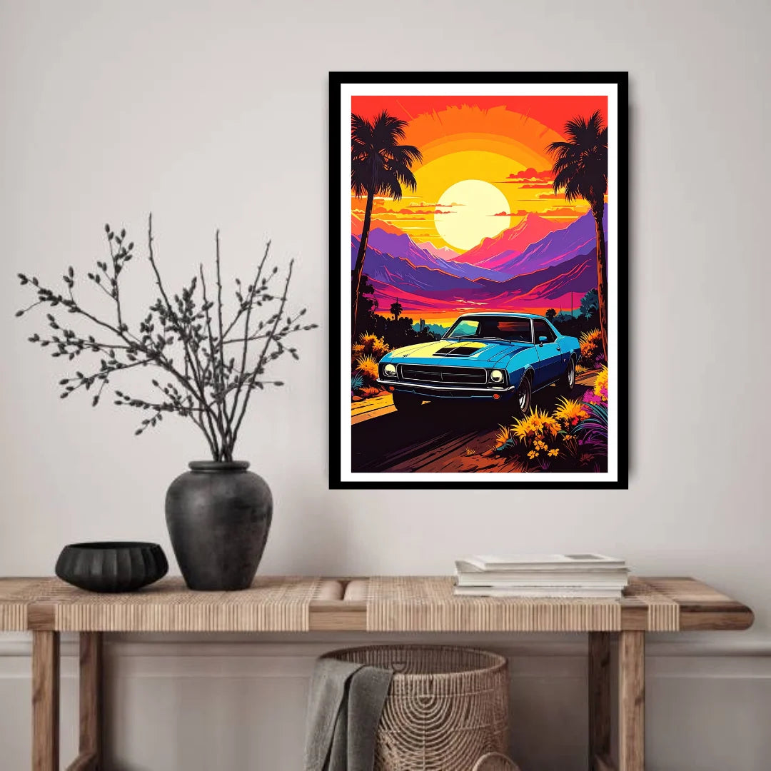 Retro sunset landscape with bold vintage colors