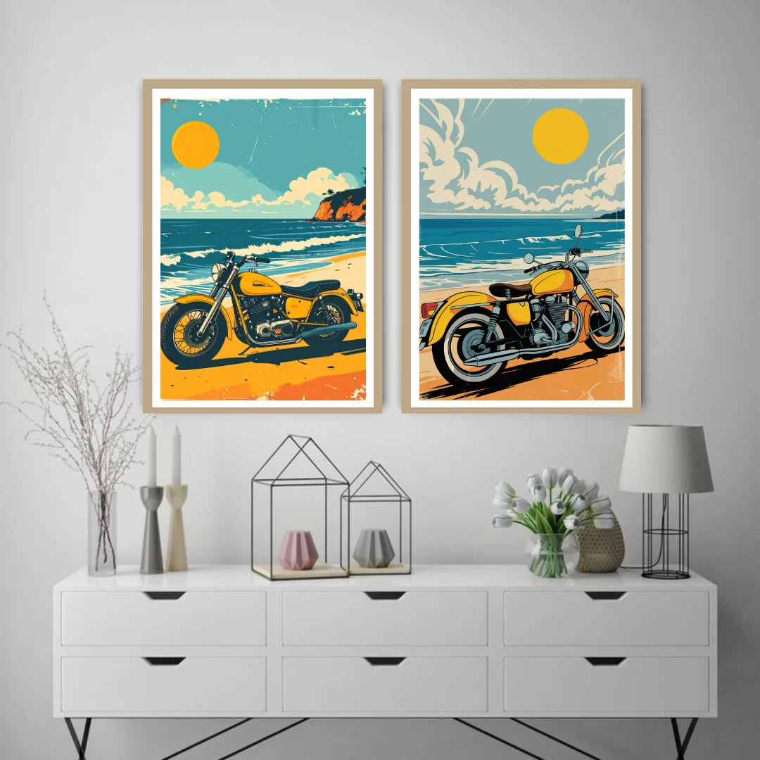 Retro bike sunset canvas wall art painting

