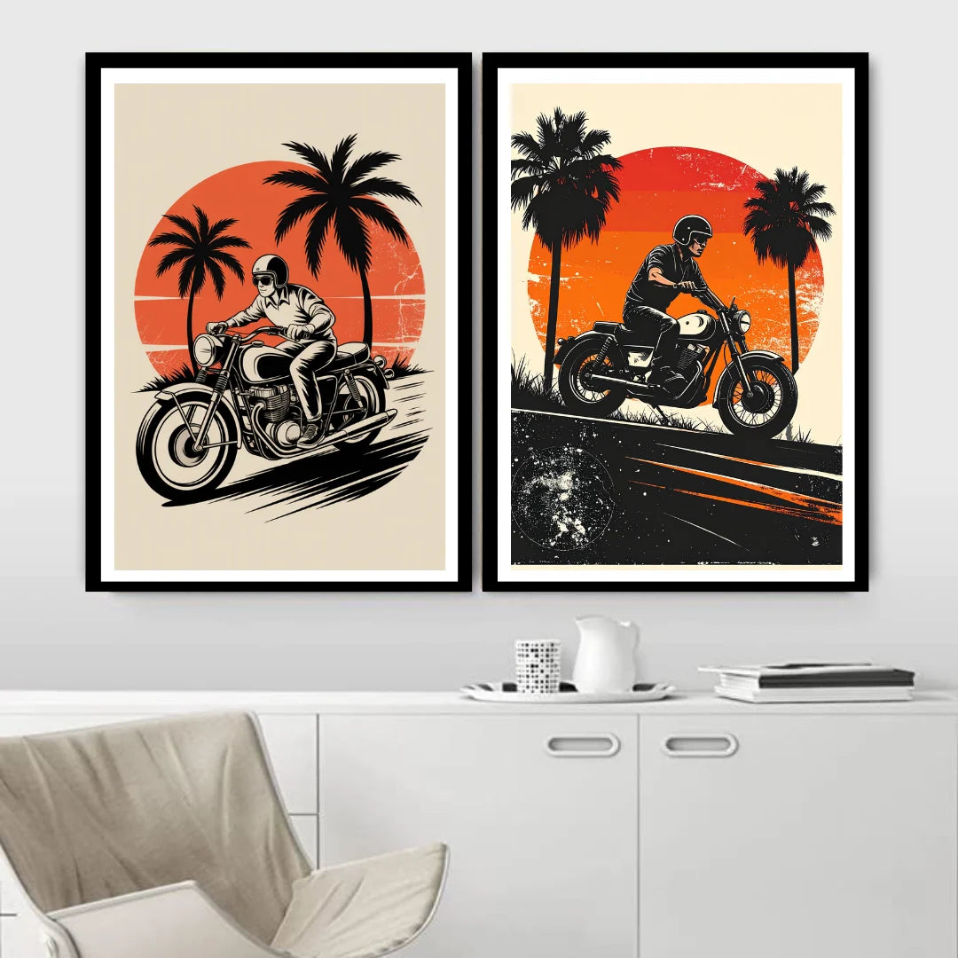Retro bike sunset landscape canvas wall art
