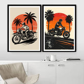 Retro bike sunset landscape canvas wall art
