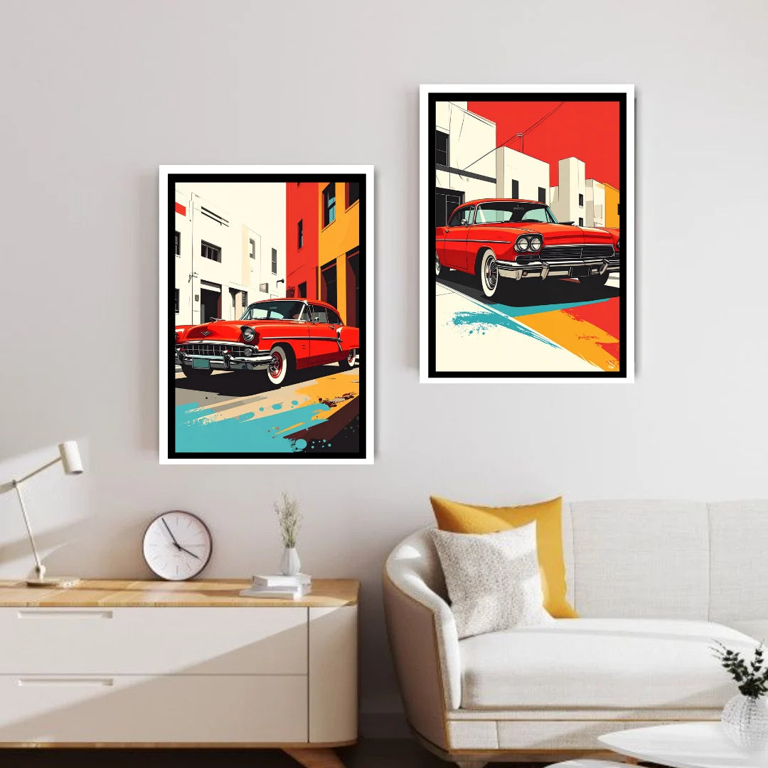 Retro car cityscape canvas wall art painting
