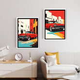 Retro car cityscape canvas wall art painting

