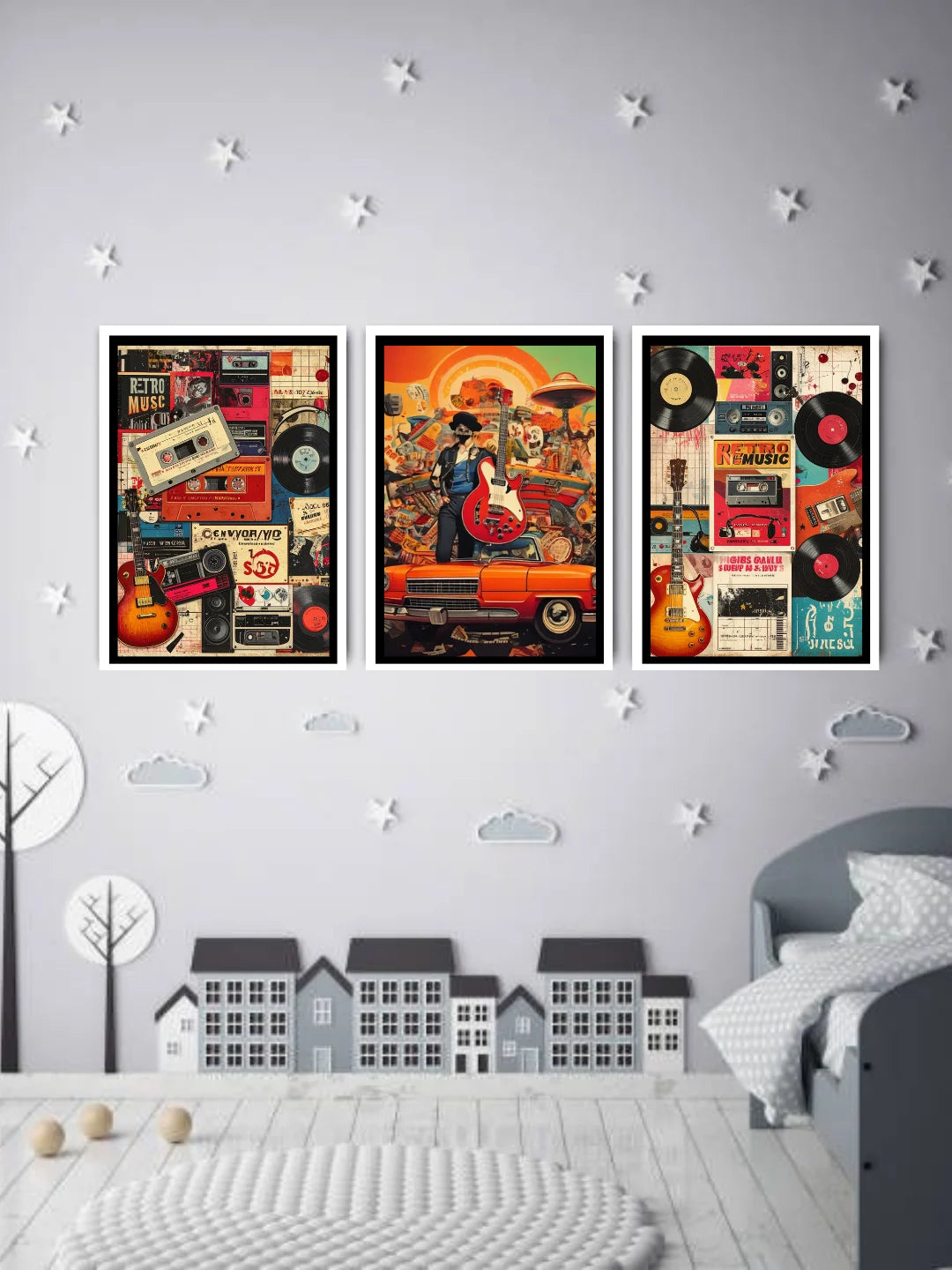 Retro cinema poster style canvas wall art set of 3 in modern interior